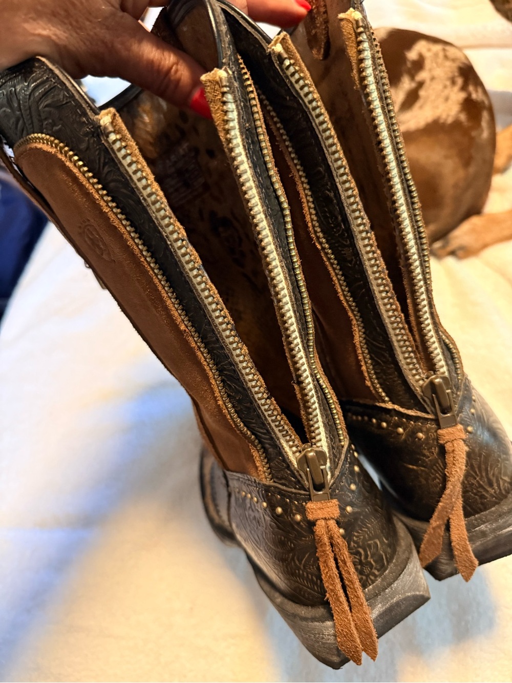 Ariat Tan Suede & Embossed Brown Western pull on with zipper in back. - Picture 4 of 9